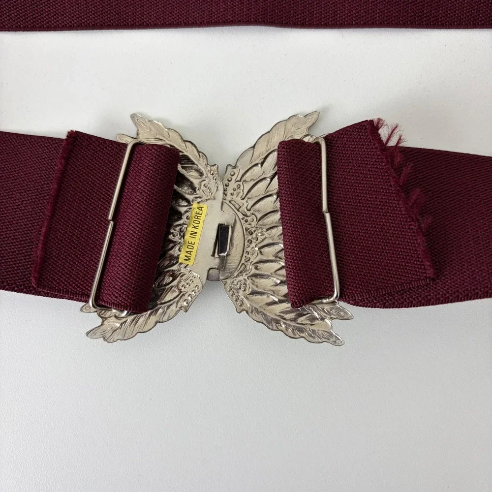 Vintage Burgundy Elastic Cinch Belt Silver Angel Wing Crystal Buckle M/L